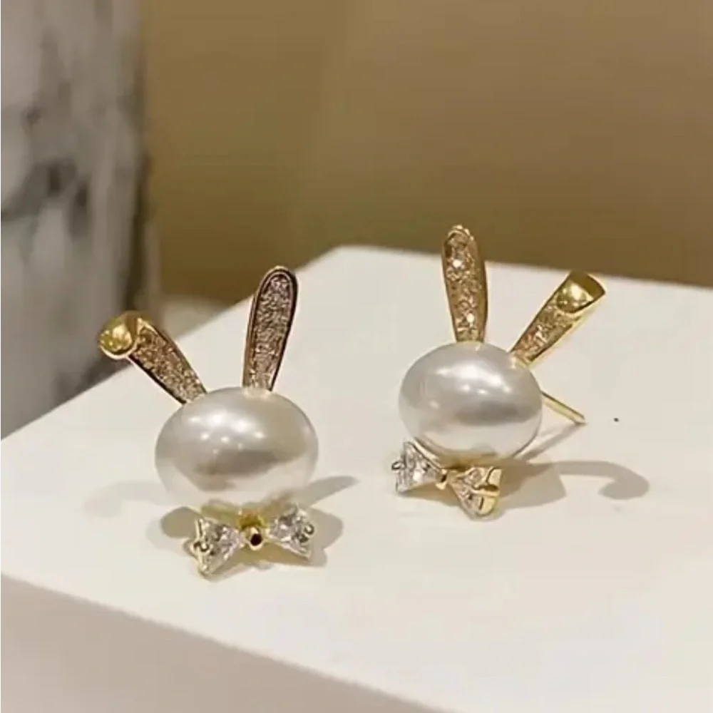 Bunny Rhinestone | Pearl Bougie Ears & Bow Tie Stud Gold Tone Earrings LAST PAIR - Picture 5 of 10